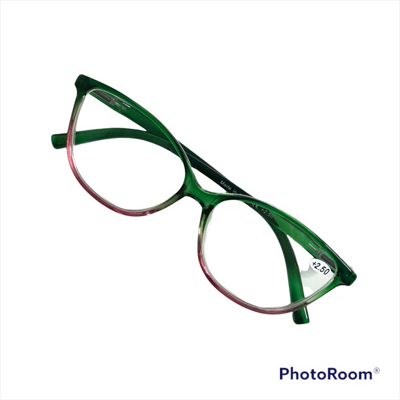 2.50 Reading Glasses Clear Lens Ombré Green Red Frame Oversized Cateye Designer - Picture 2 of 10